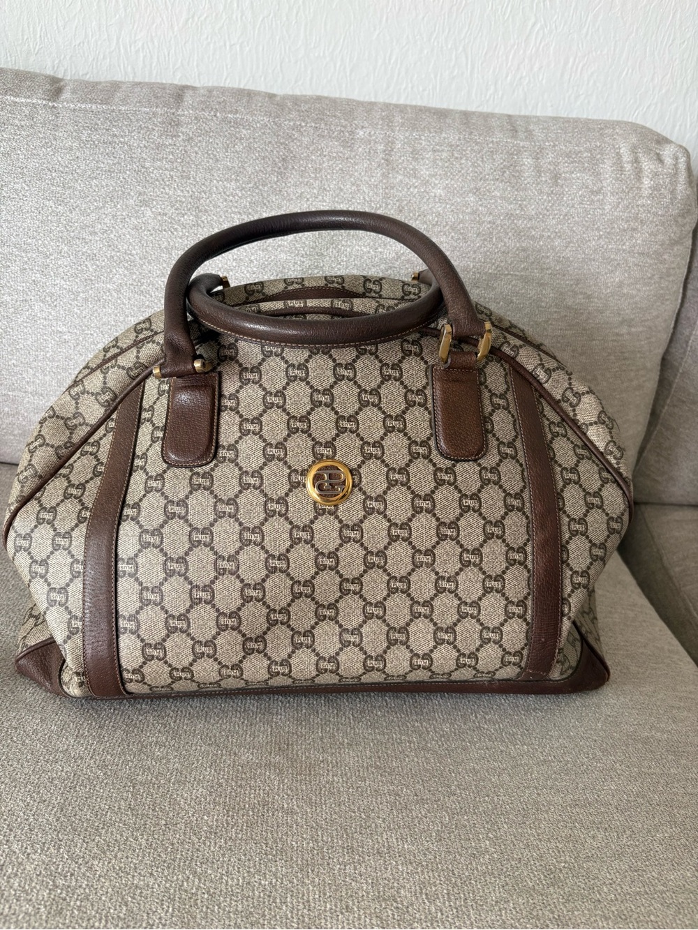 Gucci Beige/Brown GG Monogram Dome Satchel with Gold Accent